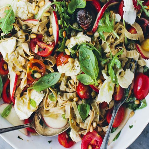Summer Pasta with Smashed Tomatoes, Peaches & Mozzarella